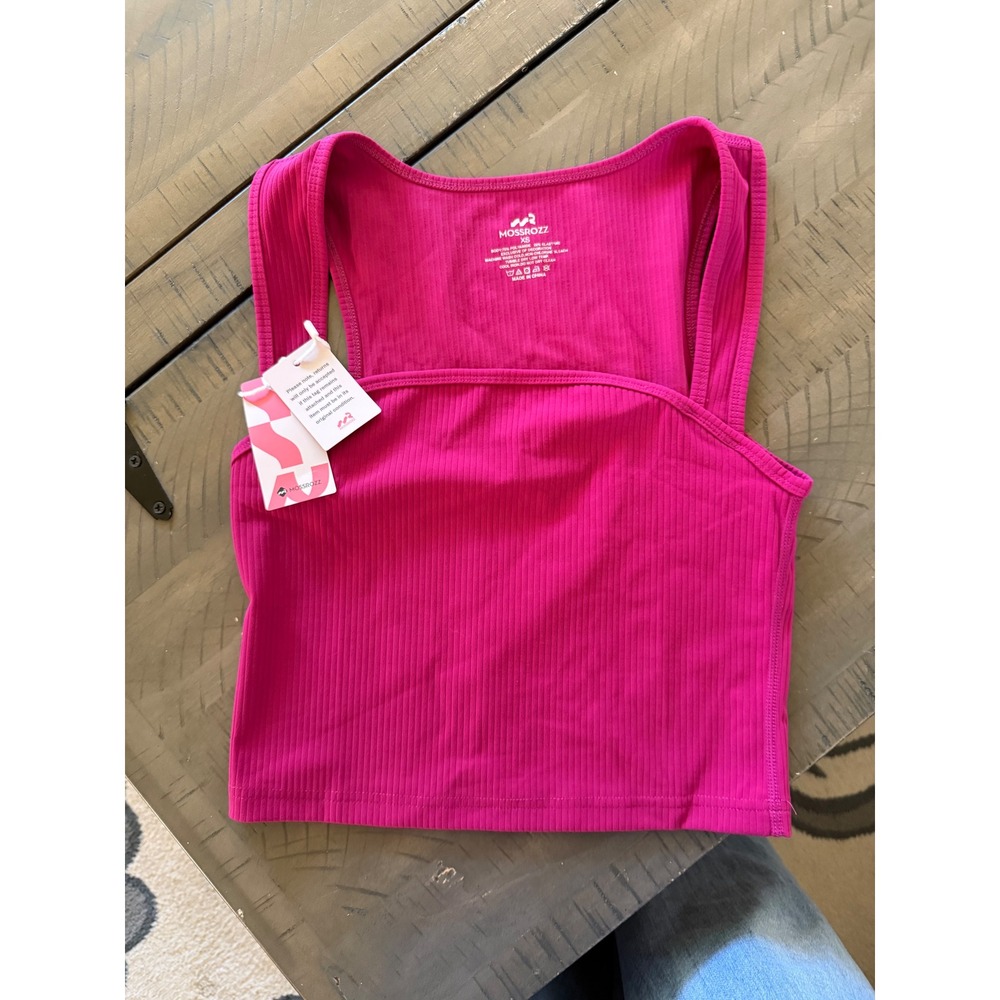 Mossrozz Womens Ribbed Crop Tank Top Hot Pink Square Neck XS New With Tags